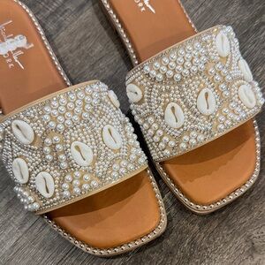 Nicole Miller Pearl and Shell Embellished Sandals